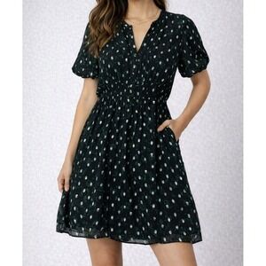 LOFT Dress Size L Petite Dark Green Metallic Dot Short Sleeve Fit & Flare